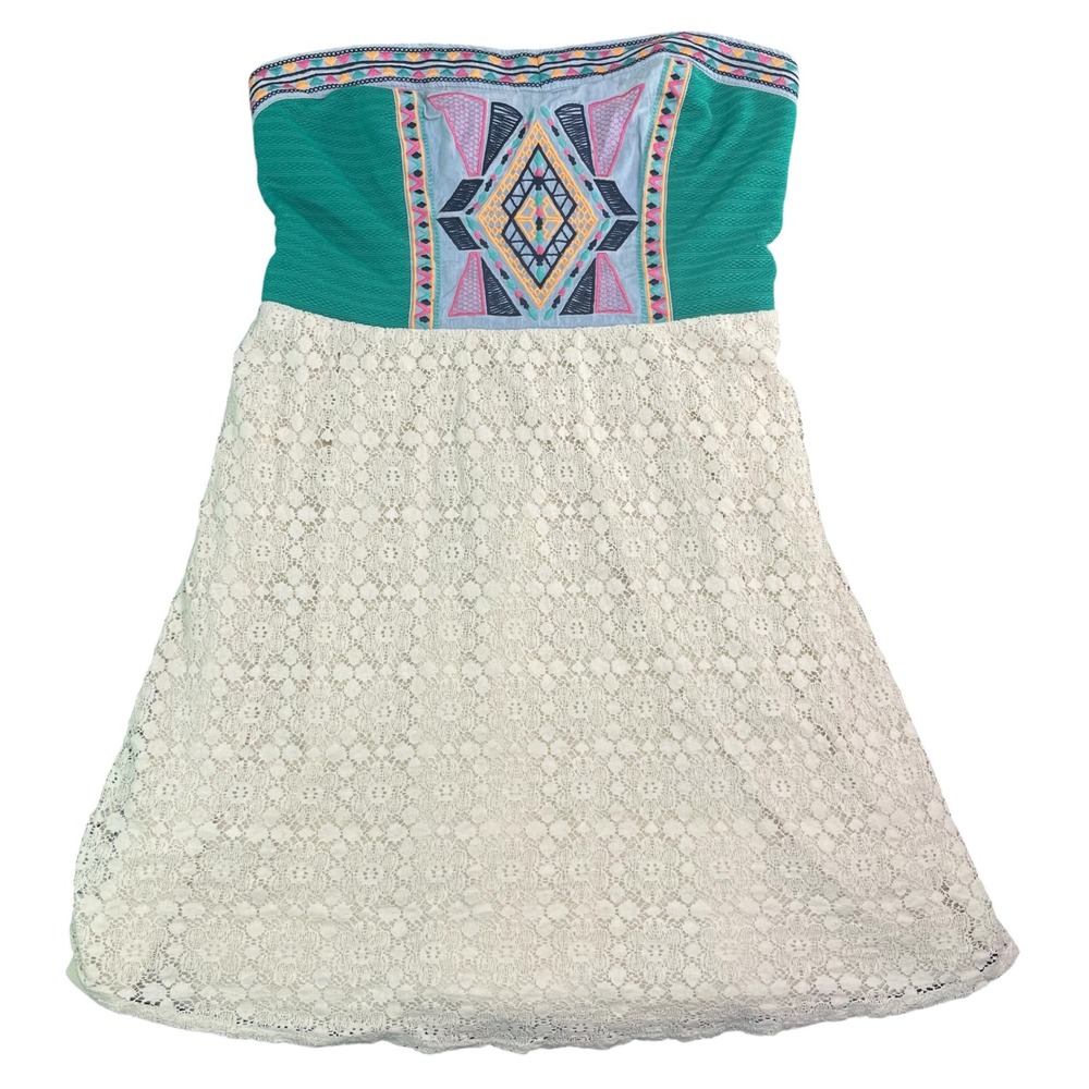 Flying Tomato Strapless Teal Embroidered Lace Mini Dress Smocked Back Cream Lg